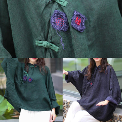 Stand Collar Batwing Sleeve Tunic Cotton Navy Shirts Spring