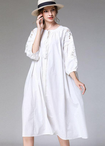 White Loose O-neck a Line Spring Maxi Dress Three Quarter Sleeve
