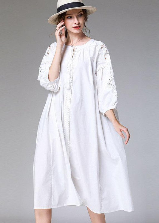 White Loose O-neck a Line Spring Maxi Dress Three Quarter Sleeve