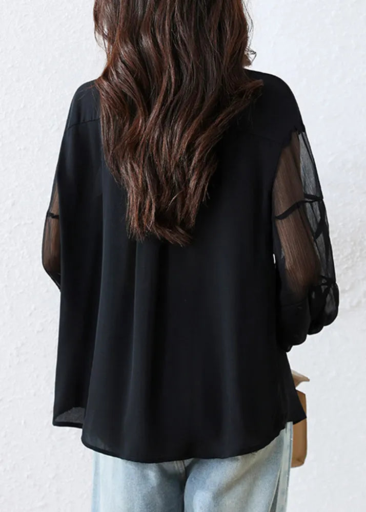 French Black Peter Pan Collar Patchwork Tulle Chiffon Tops Fall