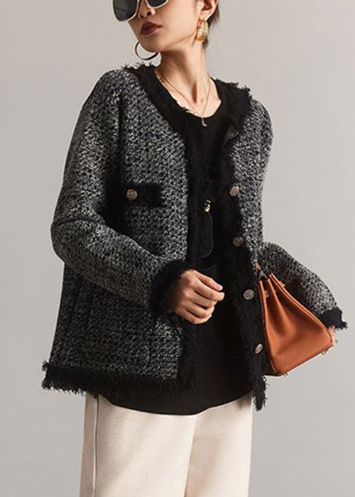 French Black O-neck Button Patchwork Cotton Coat Spring