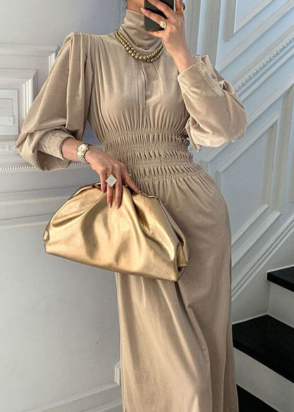 Simple Apricot Hign Neck Wrinkled Velour Maxi Dress Spring