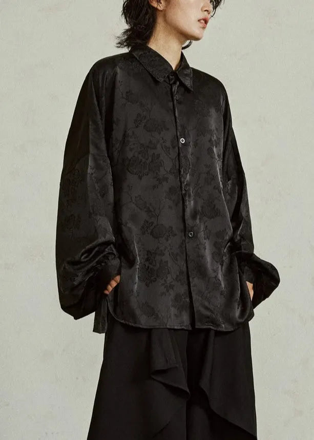 Jacquard Black Button Silk Shirts Fall