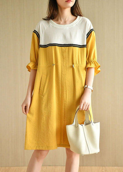 Yellow Tie Waist Pockets Patchwork Summer Vacation Dress Half Sleeve