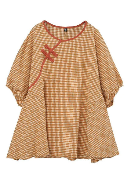 Loose Yellow Plaid Oriental Cotton Summer Tops