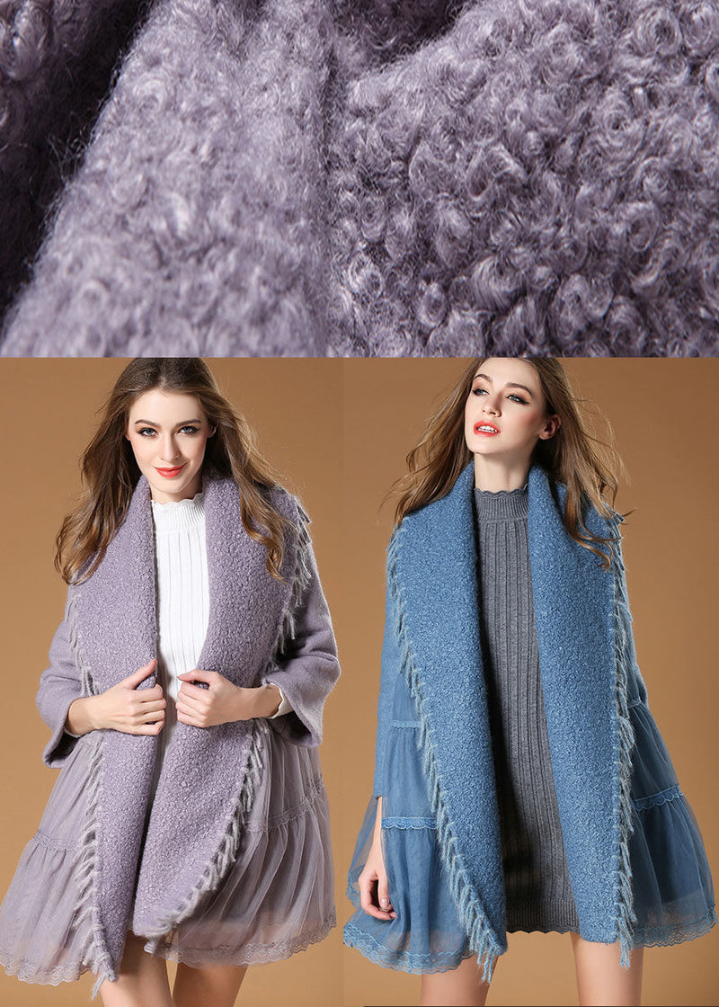 Blue Tulle Patchwork Tasseled Fall Woolen Coat