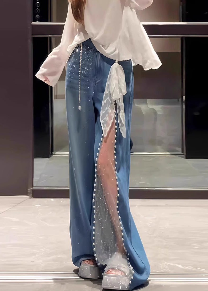 Blue Oversized Patchwork Lace Denim Straight Pants Fall