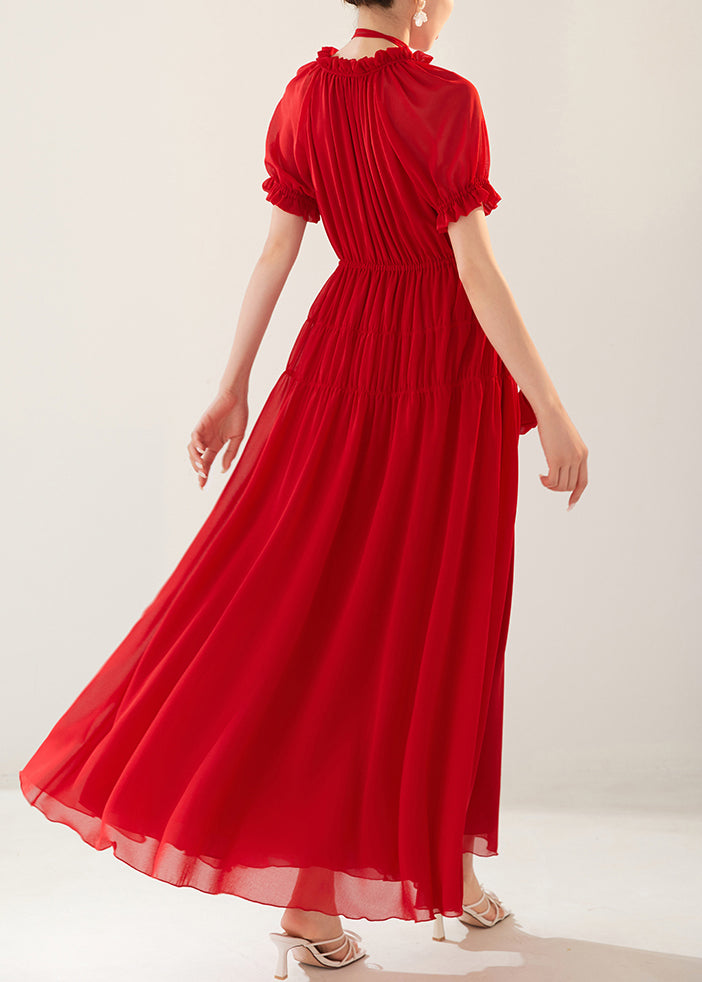 Red Ruffled Elastic Waist Chiffon Long Dresses Summer