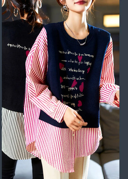 Navy Striped Patchwork False Two Pieces Cotton Blouse Long Sleeve