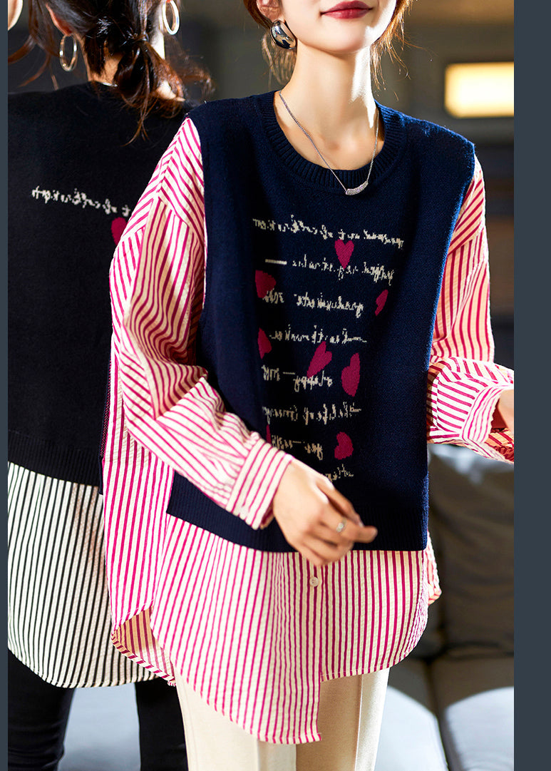 Navy Striped Patchwork False Two Pieces Cotton Blouse Long Sleeve