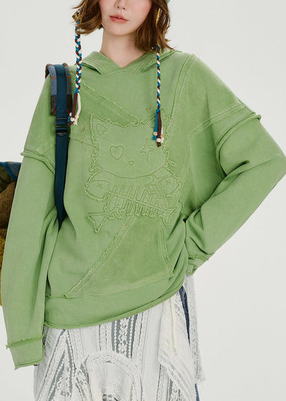 French Green Embroidered Hooded Cotton Loose Sweatshirts Top Spring