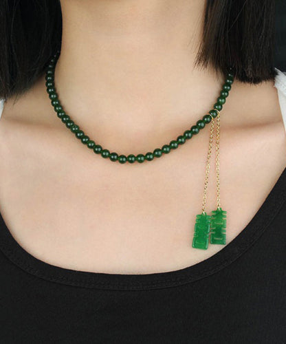 Tea Green Sterling Silver Overgild Jade Beading Double Happiness Tassel Pendant Necklace