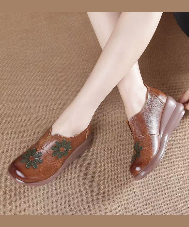 Brown Cowhide Leather Wedge Heels Shoes Splicing