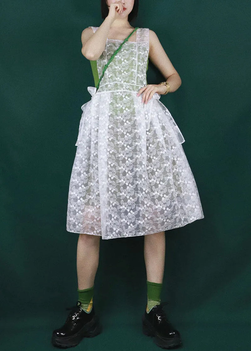 White Embroideried Bow Tulle Vacation Strap Dresses Summer