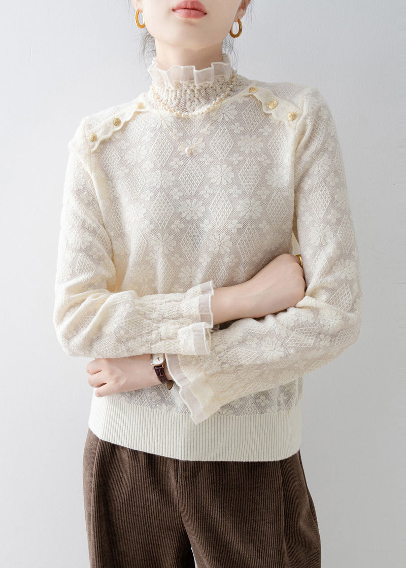 Apricot Stand Collar Jacquard Lace Shirt Top Spring