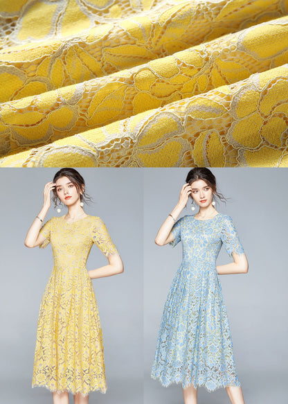 French Yellow Zip Up Slim Fit Lace Party Dress Short Sleeve Summer