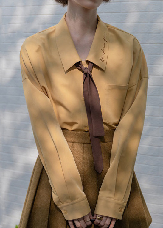 Yellow Embroideried Button Patchwork Cotton Shirt Fall