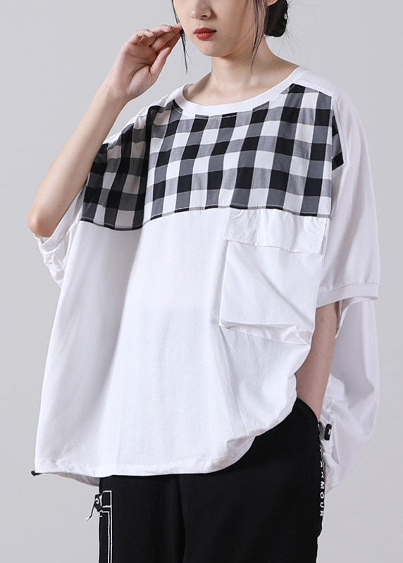 White Patchwork Cotton Shirt Top O-neck Asymmetrical Short Sleeve