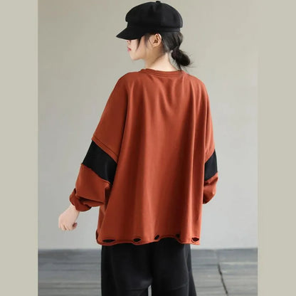 Classy Orange Cotton Tunic Top Patchwork Loose Sweatshirt