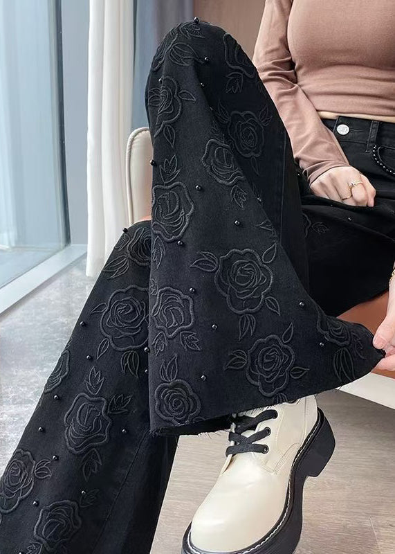Black Embroidered Nail Bead Denim Bell-bottom Trousers Fall