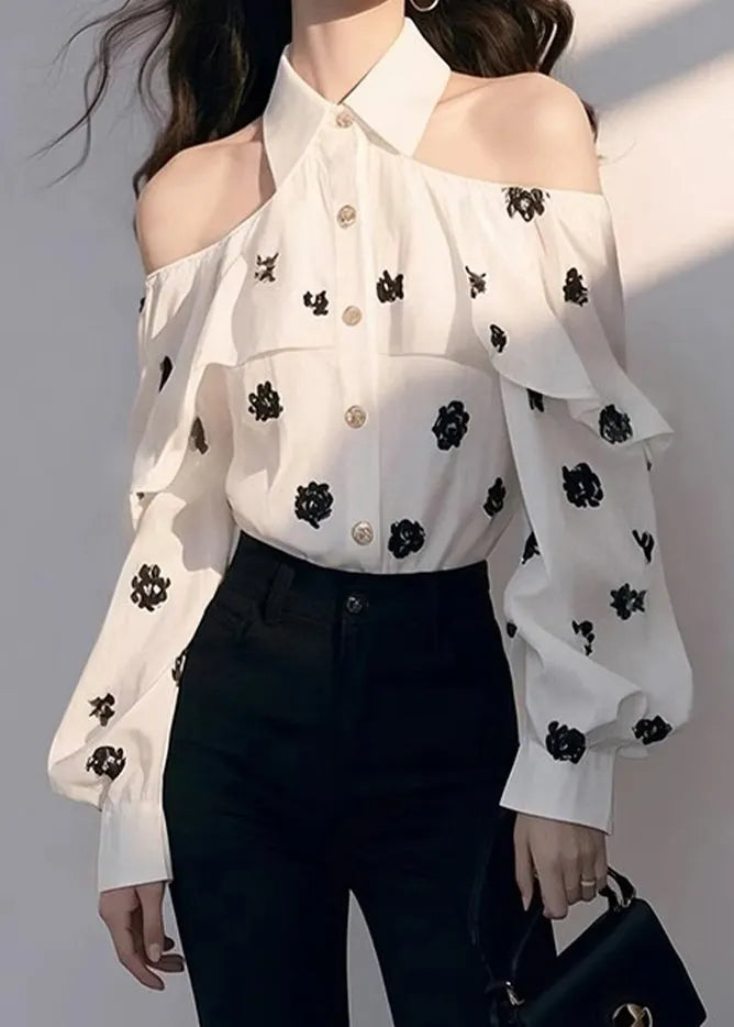 White Cold Shoulder Print Chiffon Shirt Fall