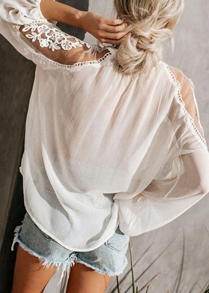 Black V Neck Chiffon Tops Lantern Sleeve