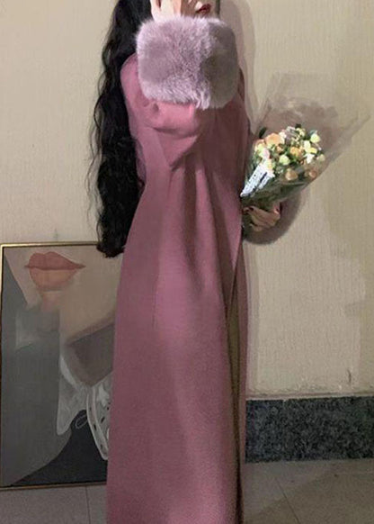 Lotus Root Pink Color O-neck Woolen Maxi Coats Long Sleeve