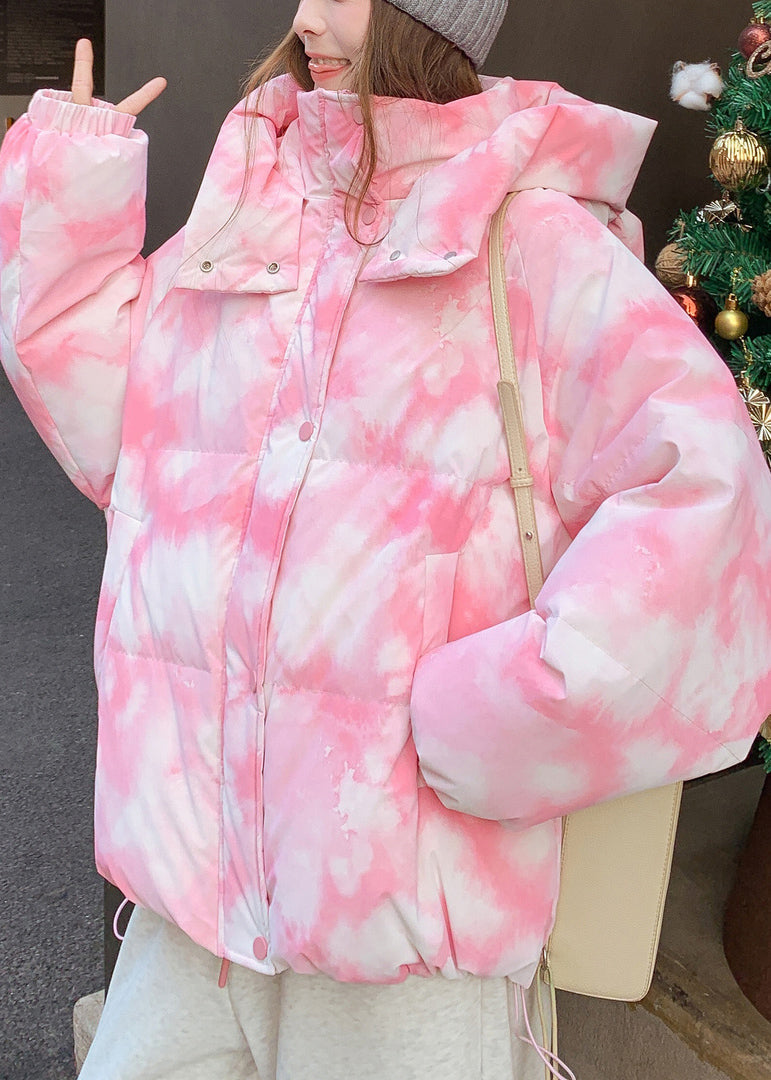 Pink Hooded Tie Dye Fine Cotton Filled Jackets Winter