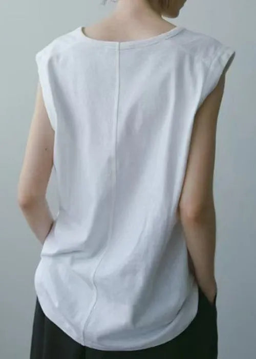 Art White V Neck Cotton Tops Sleeveless