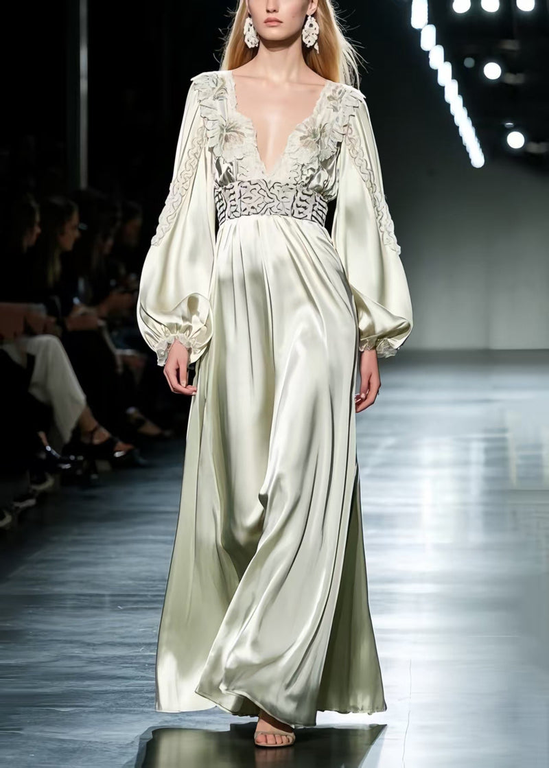 Light Green Deep-v Print Silk Cinched Dresses Spring