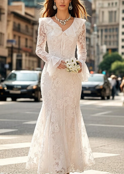 White Embroidered Lace Up Fish Tail Dress Flare Sleeve