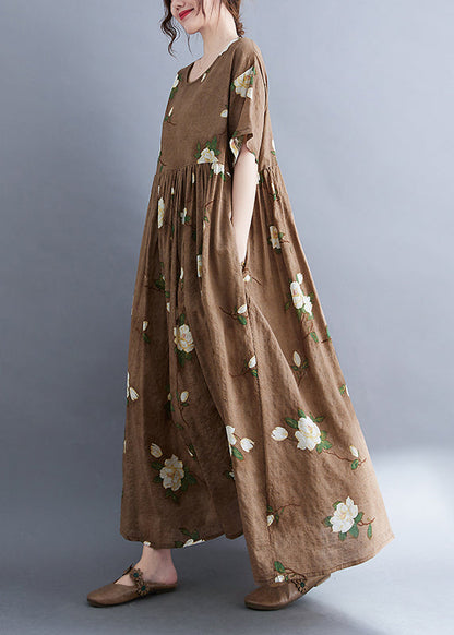 Modern Coffee O-neck Print Long Dress Summer