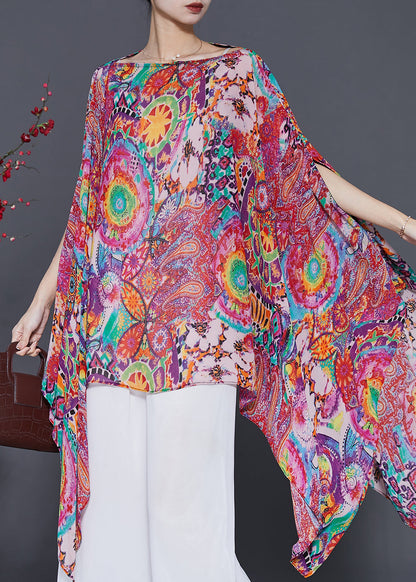 Red Asymmetrical Print Chiffon Shirt Tops Summer