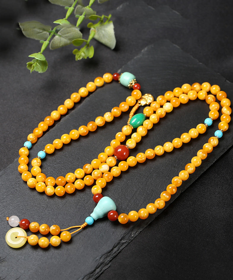 Yellow Jade Amber Beeswax Beading Tassel Pendant Necklace