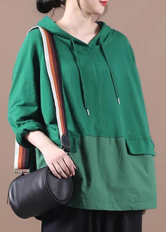 Green Patchwork Drawstring Hooded Sweatshirts Long Sleeve