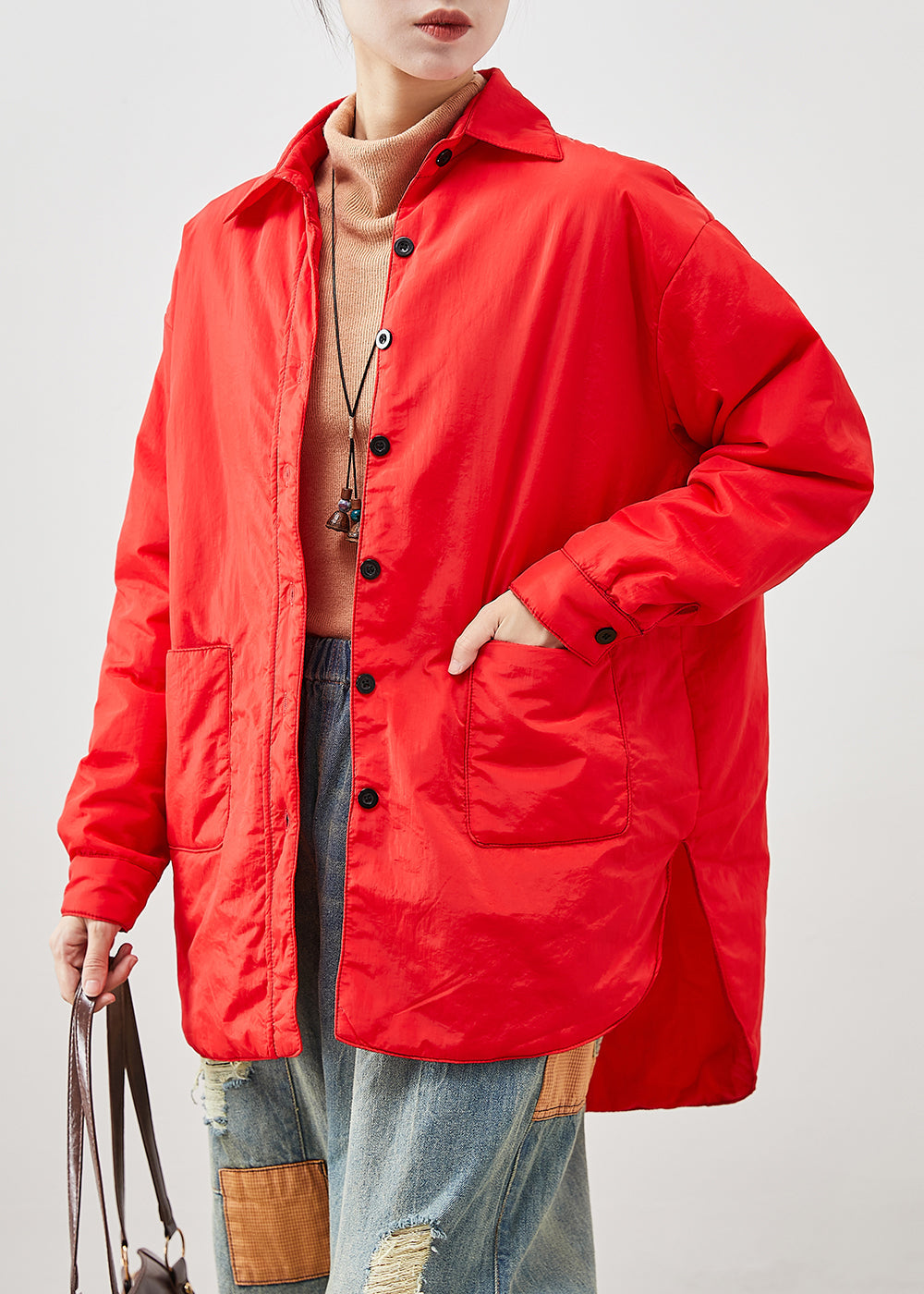 Red Oversized Low High Design Fine Cotton Filled Jacket in Winter