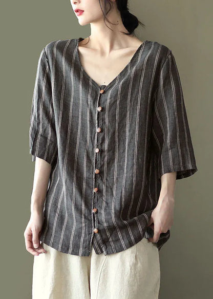 Grey V Neck Striped Button Linen Shirts Half Sleeve