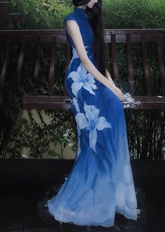 Blue O-neck Print Tulle Maxi Dresses Sleeveless