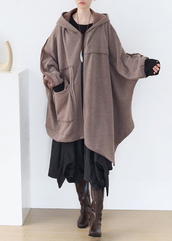 Khaki Asymmetrical Patchwork Zippered Thick Cotton Hoded Coats Fall