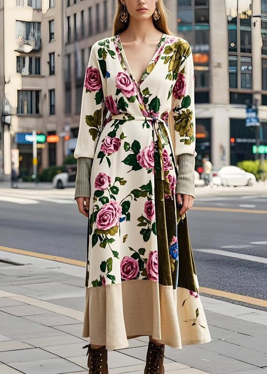 Apricot Tie Waist Silk Velour Long Dresses Spring