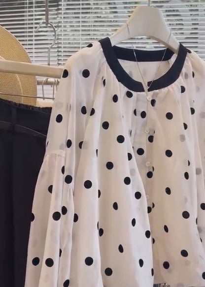 White O Neck Dot Button Cotton Shirts Long Sleeve
