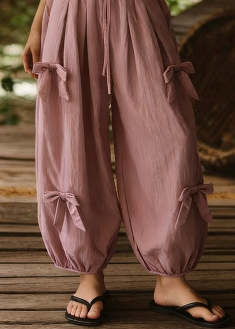 Loose Pink Bow Elastic Waist Cotton Lantern Pants Summer