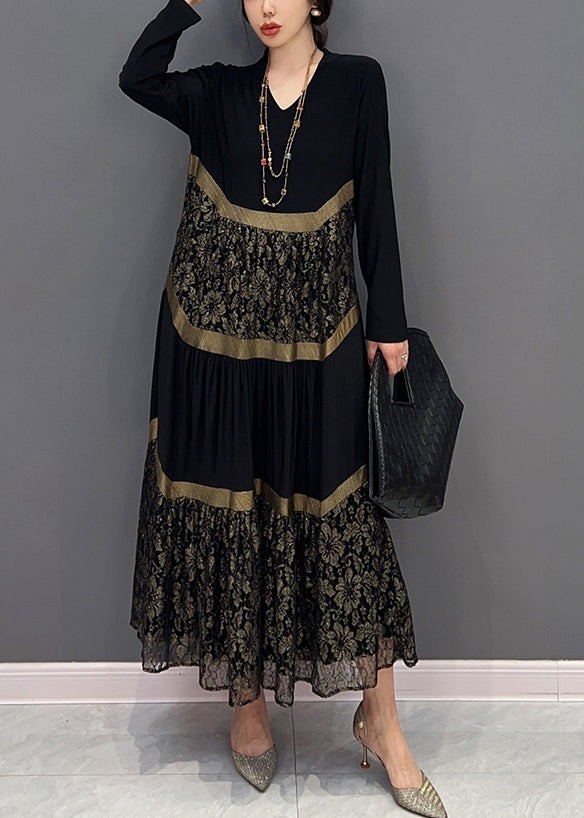 Black V Neck Print Tulle Patchwork Cotton Dresses Fall