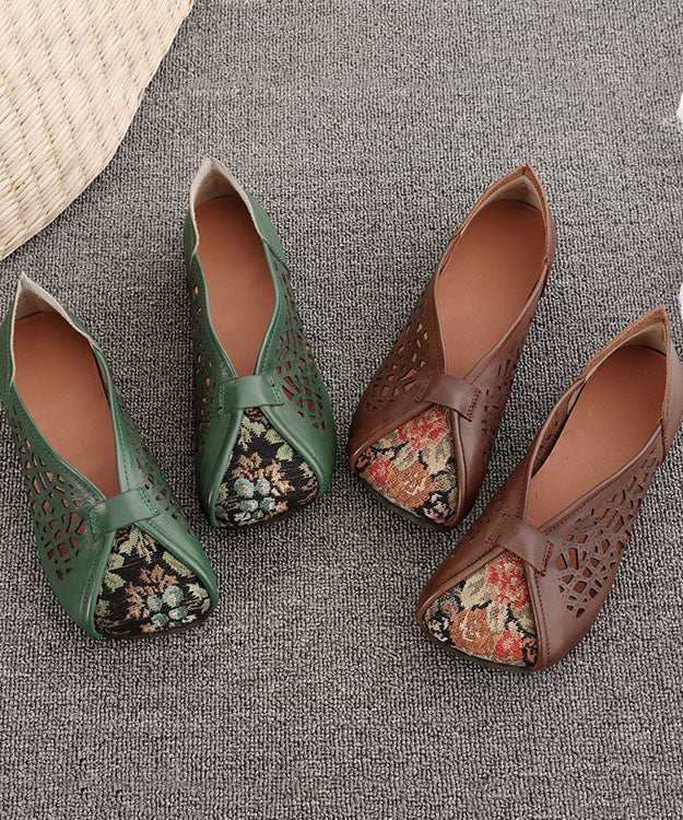 Green Hollow Out Cowhide Leather Flat Shoes for Splicing Flats