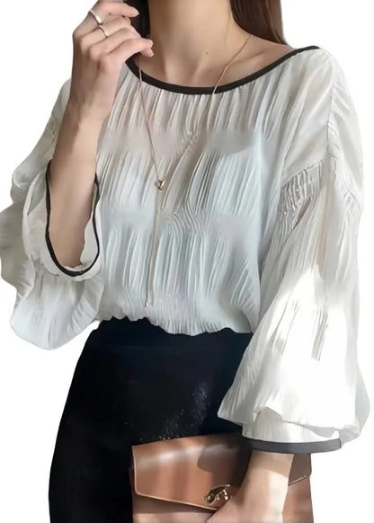White Oversized Chiffon Shirt Tops Lantern Sleeve
