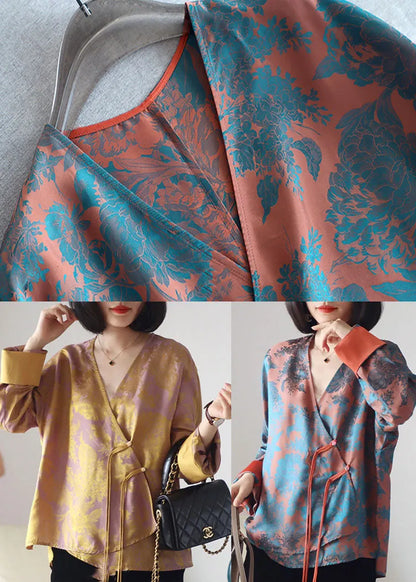Loose Orange Buttonv Neck Print Silk Shirt Top Long Sleeve