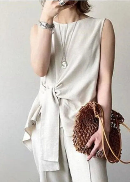 Beige Asymmetrical Design Slim Fit Cotton Tops Sleeveless