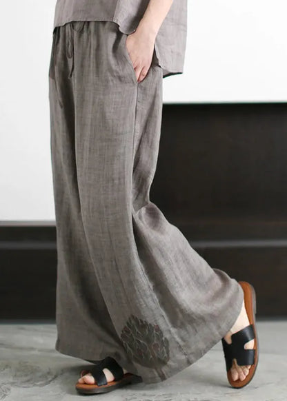 Grey Embroideried Hollow Out Tulle Patchwork Linen Two Piece Suit Set Sleeveless