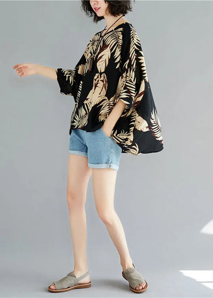 Boutique Black O-neck Print Asymmetrical Design Fall Half Sleeve Blouse Top