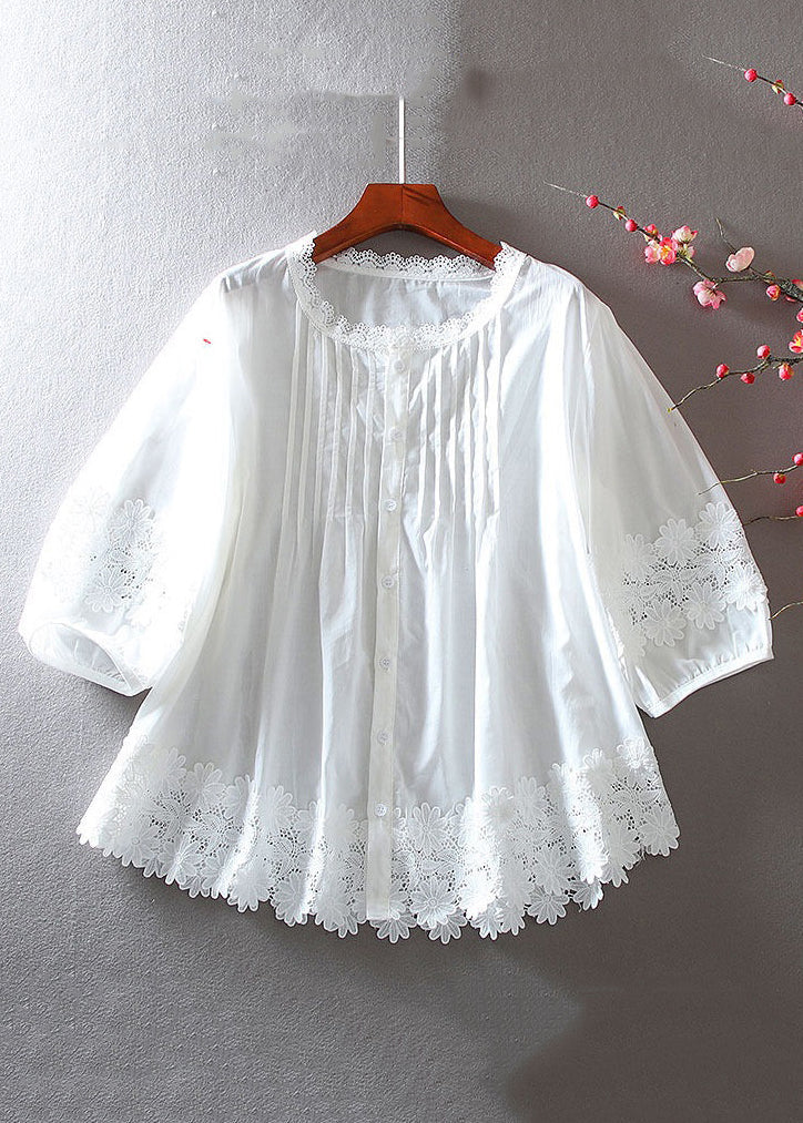 White Button Hollow Out Lace Patchwork Shirt Bracelet Sleeve Summer